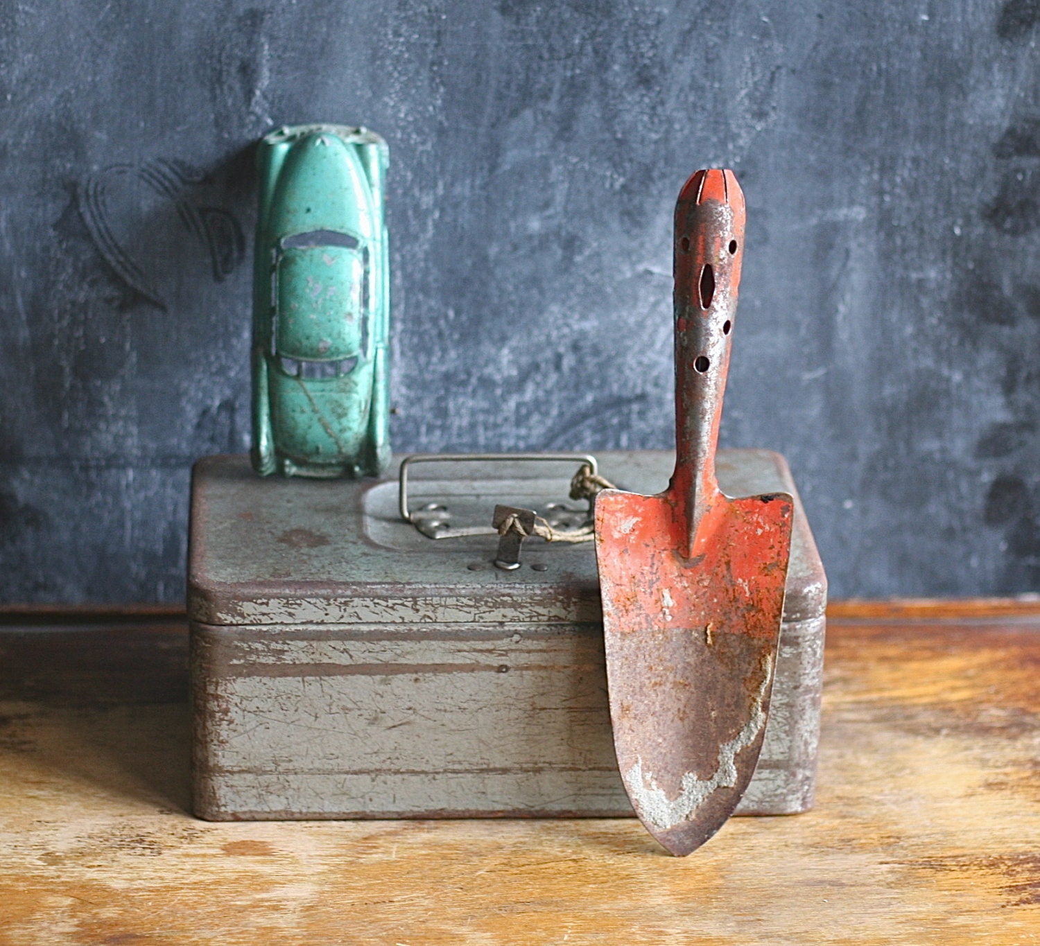Industrial Metal Tool Box Original Key Distressed Gray  S