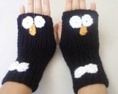 Gloves, Black Penguin Fingerless Gloves, Gloves, Hand knitting gloves,  new  women accessories, valentines day gift, miitten, warm