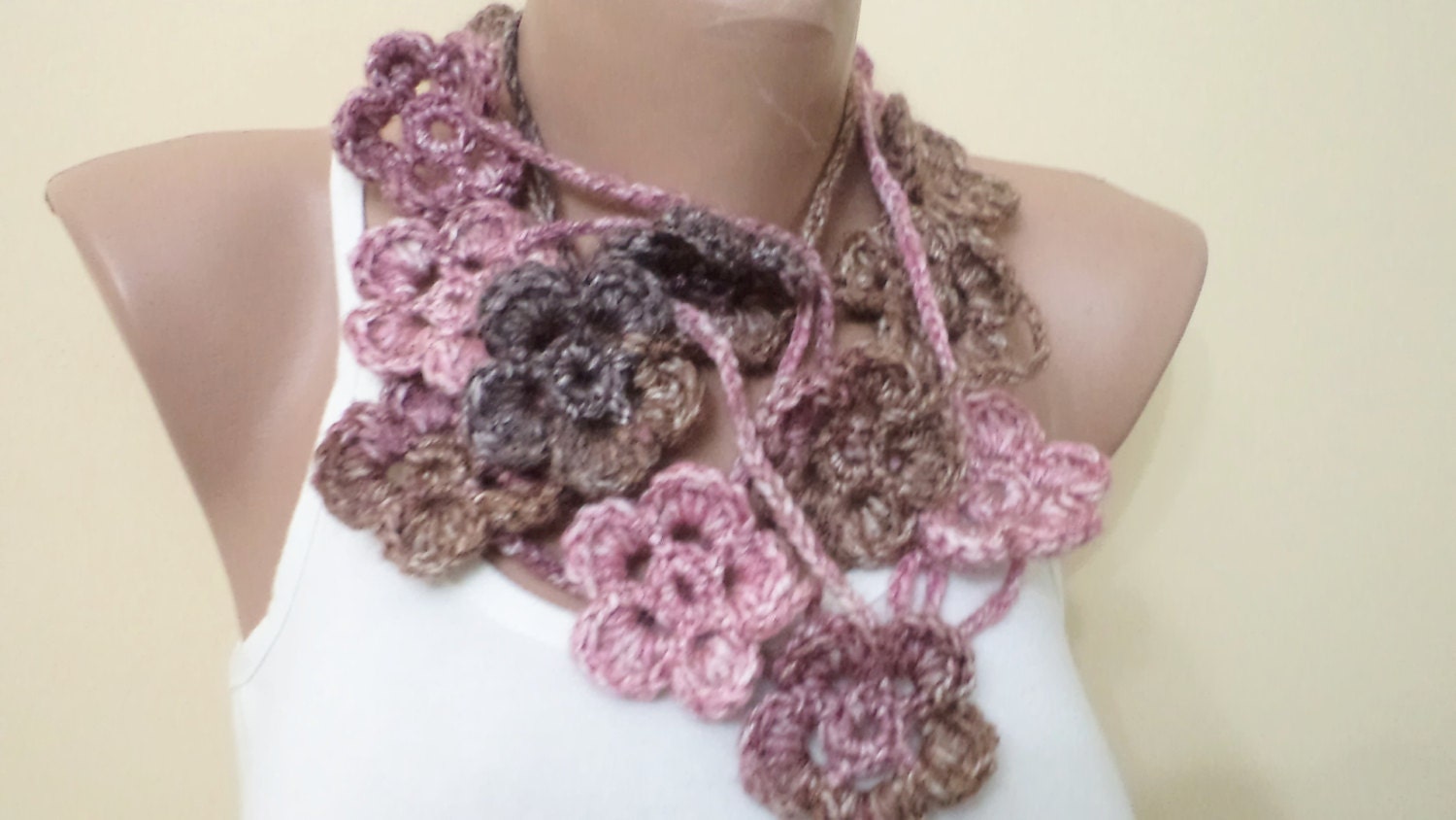 NEW Lariat scarf, Handmade scarf with flowers. new fashion, brown and pink lariat, home decor, spring trend, women accessories, mom gifts