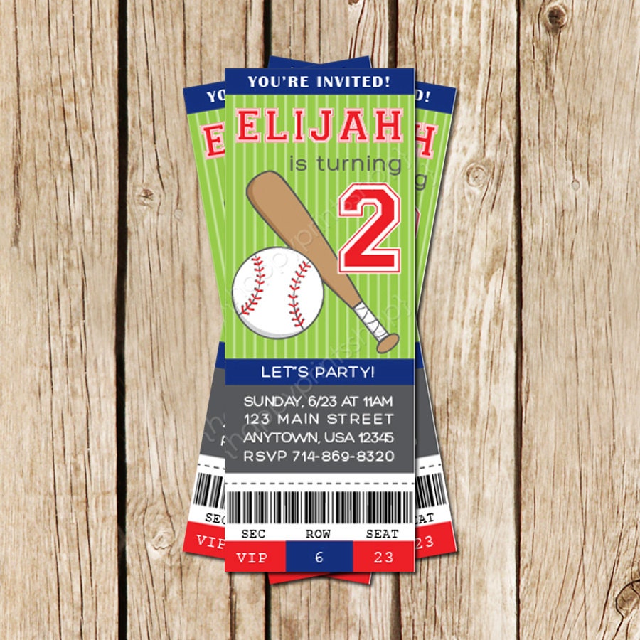 Baseball Ticket Birthday Party Invitation - Baseball & Bat - Personalized Printable Birthday Party Invite
