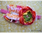 M2M Giggle Moon Starlight Shine 2013- Colorful Ruffle withHot Pink-Orange- Yellow-Green Color Blocked Fabric Flower w/ White Lace