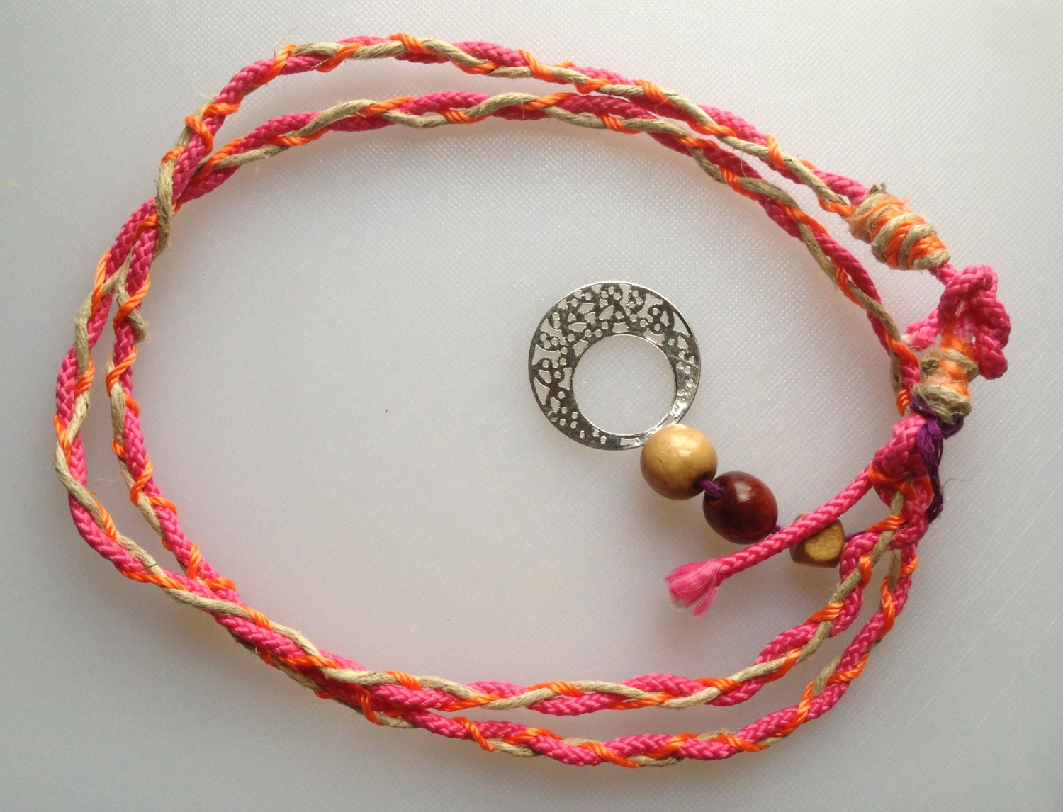 Top Knot, Bun Wrap- Braided Cords in Neon Colors, Wooden Beads, Bohemian