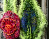 Scarf handknitted,crocheted,vegetal,fairy,multicolor or wall hanging in naïve Douanier Rousseau style with flower,leaf,OOAK