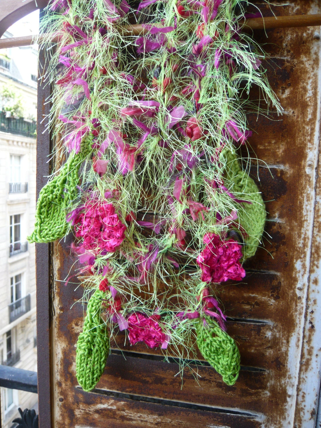 handmade crocheted,knitted infinity scarflet,necklace,headband,with green grass,3 pink flowers,thousand petals,four leaves ,wearable art