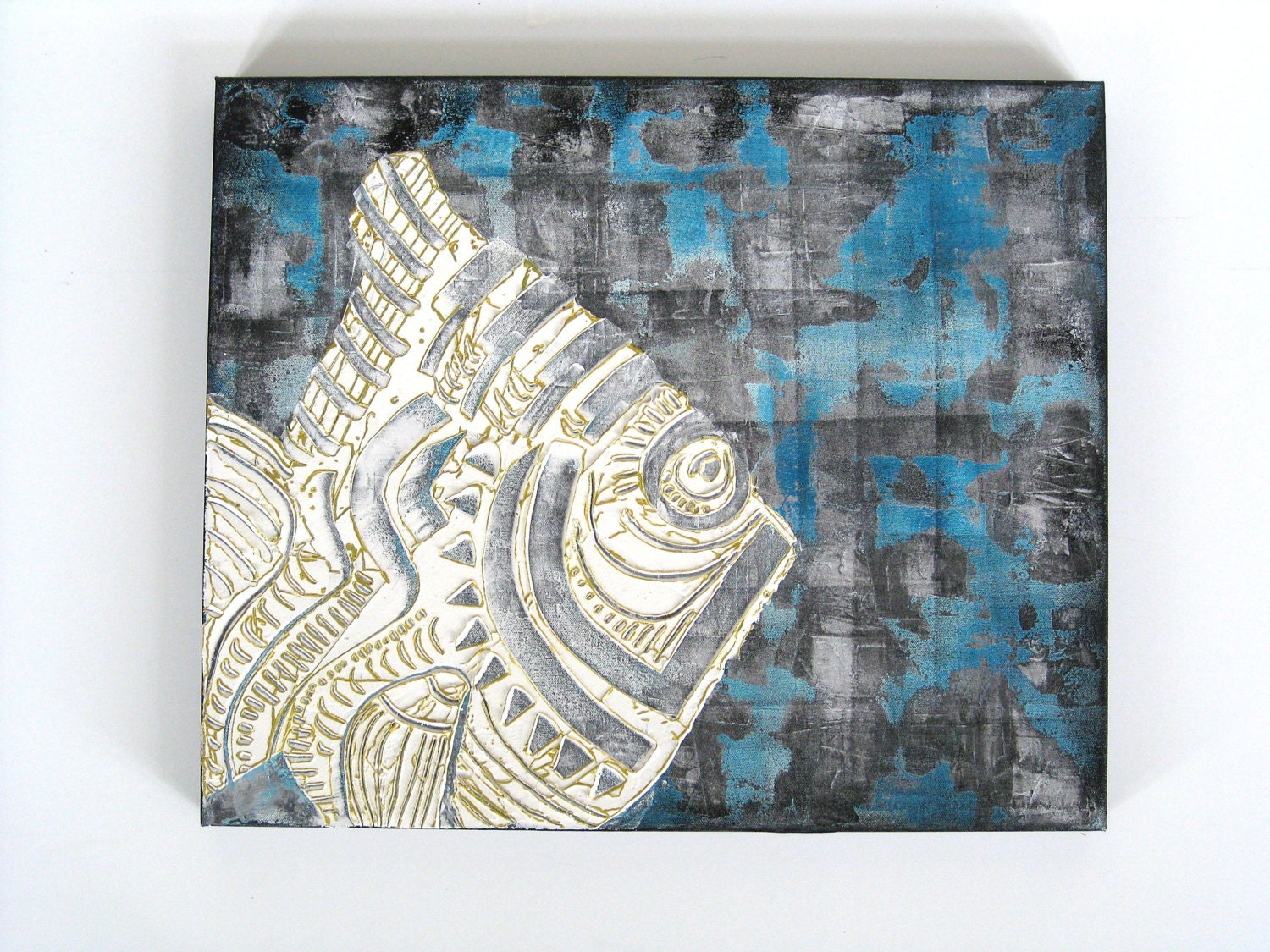 original painting impasto angel fish teal & gold modern abstract canvas