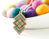 Cross Stitch Jewelry Kit - DIY Bamboo Pendant with Interlocking Diamond Pattern