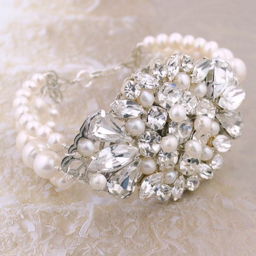 Statement bridal cuff bracelet - swarovski crystals and pearls