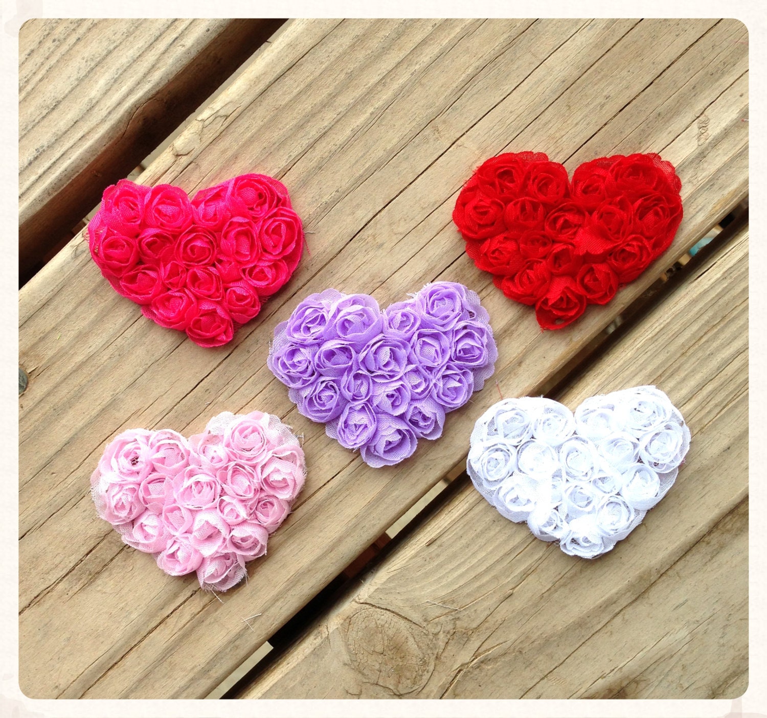 2 Small Shabby Chiffon Hearts NEW style mini CHOOSE COLORS 2.5 in Baby Headband Sewing shirts aprons dresses pink white lavender purple