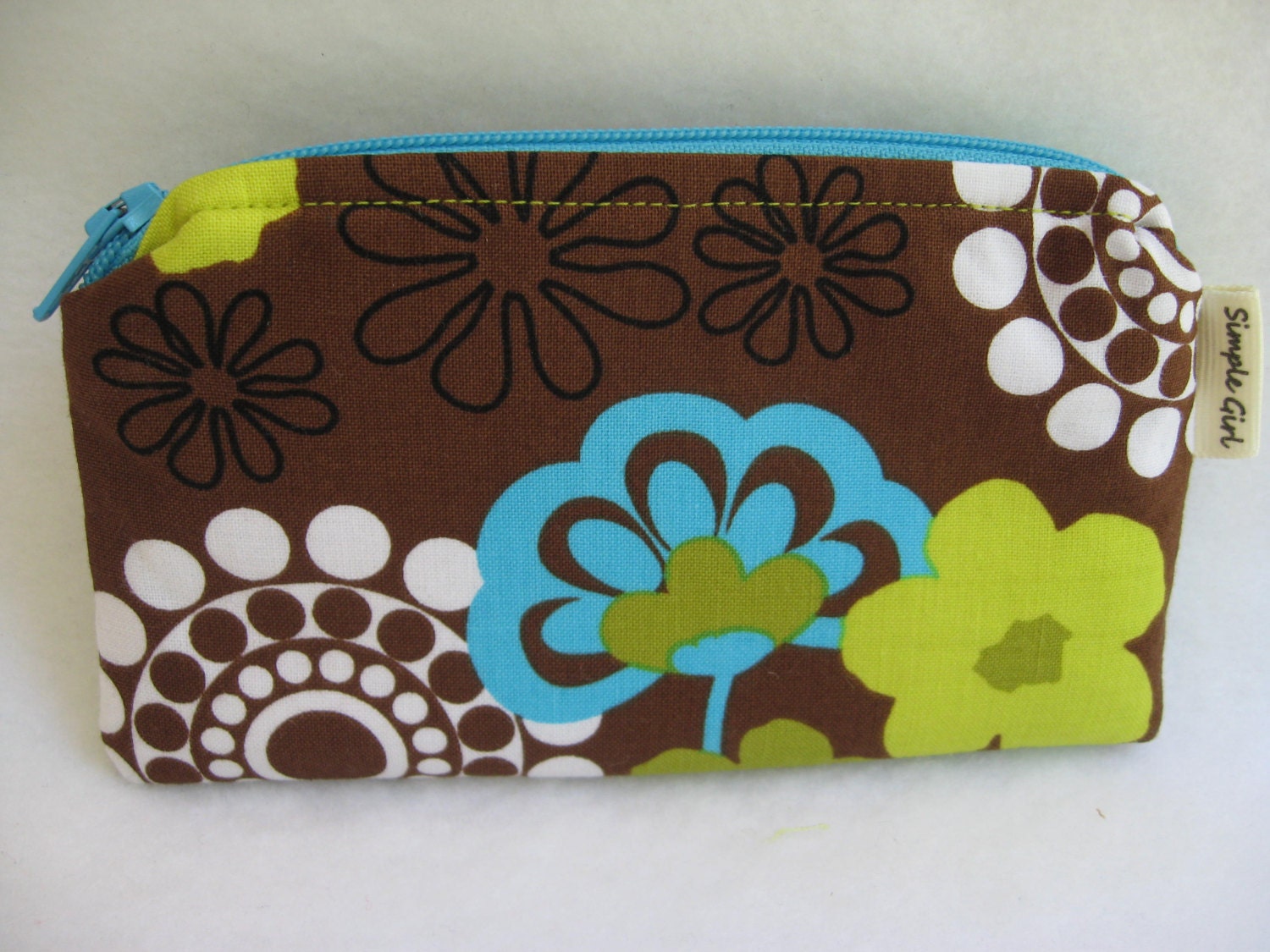 Small Zippered Wallet in Brown with Blue, Green and White Flower Print with Lime Green and White Lining
