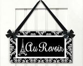 french text - Paris au revoir quote - Eiffel Tower in Black and white damask pattern door sign - black ribbon with bows