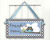 Blue Owl Polka Dots KIDS DOOR SIGNS Nursery Plaque -  Door Hanger Sign - Boys Bedroom Wall Art