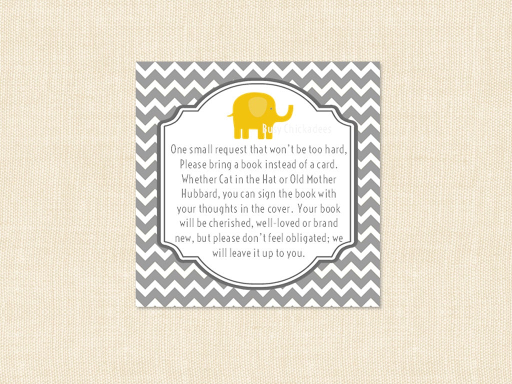 Book Shower Invitation Inserts In lieu of a card Mustard Yellow Elephant Printable PDF--Instant Download