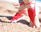 BAREFOOT SANDALS, Crochet, CORAL Red Beach Wedding Sandals, Nude Shoes, Foot Jewelry, Summer Pool Anklets Cotton Lace Sandals Hippie Sandles
