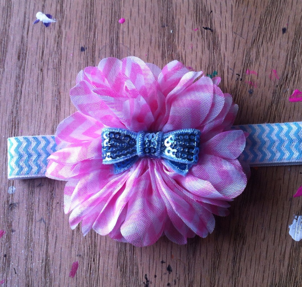 Pink Chevron Flower Headband-Chevron Headband-Baby Headband-Blue Chevron Elastic- Premie, Newborn, Baby, Toddler, Child, Teen, Adult