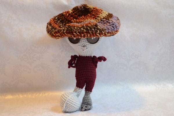 Gray and Maroon Amigurumi Crochet Alien with Hat and Button Eyes