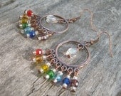 Chakra Rainbow Antique Copper Earrings, Filigree Chandelier Jewelry