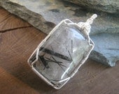Tourmalated Quartz Pendant, Rectangular Gemstone Sterling Silver Wire Wrapped AA Grade