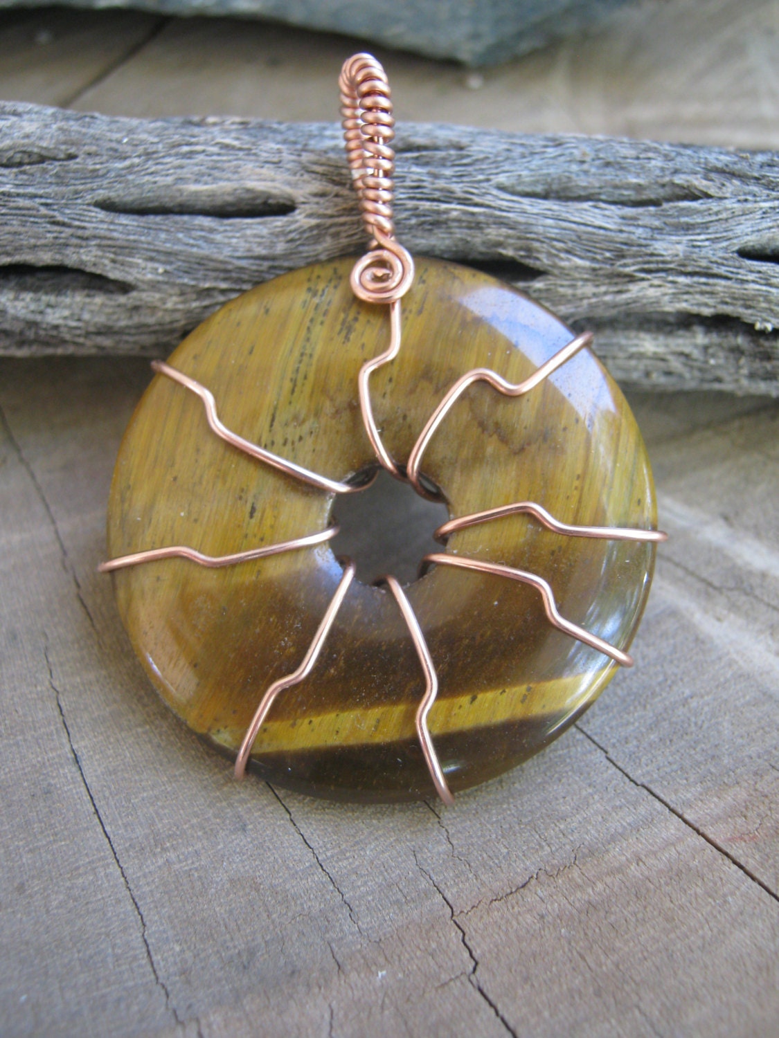 Tiger Eye Gemstone Pendant, Wire Wrapped