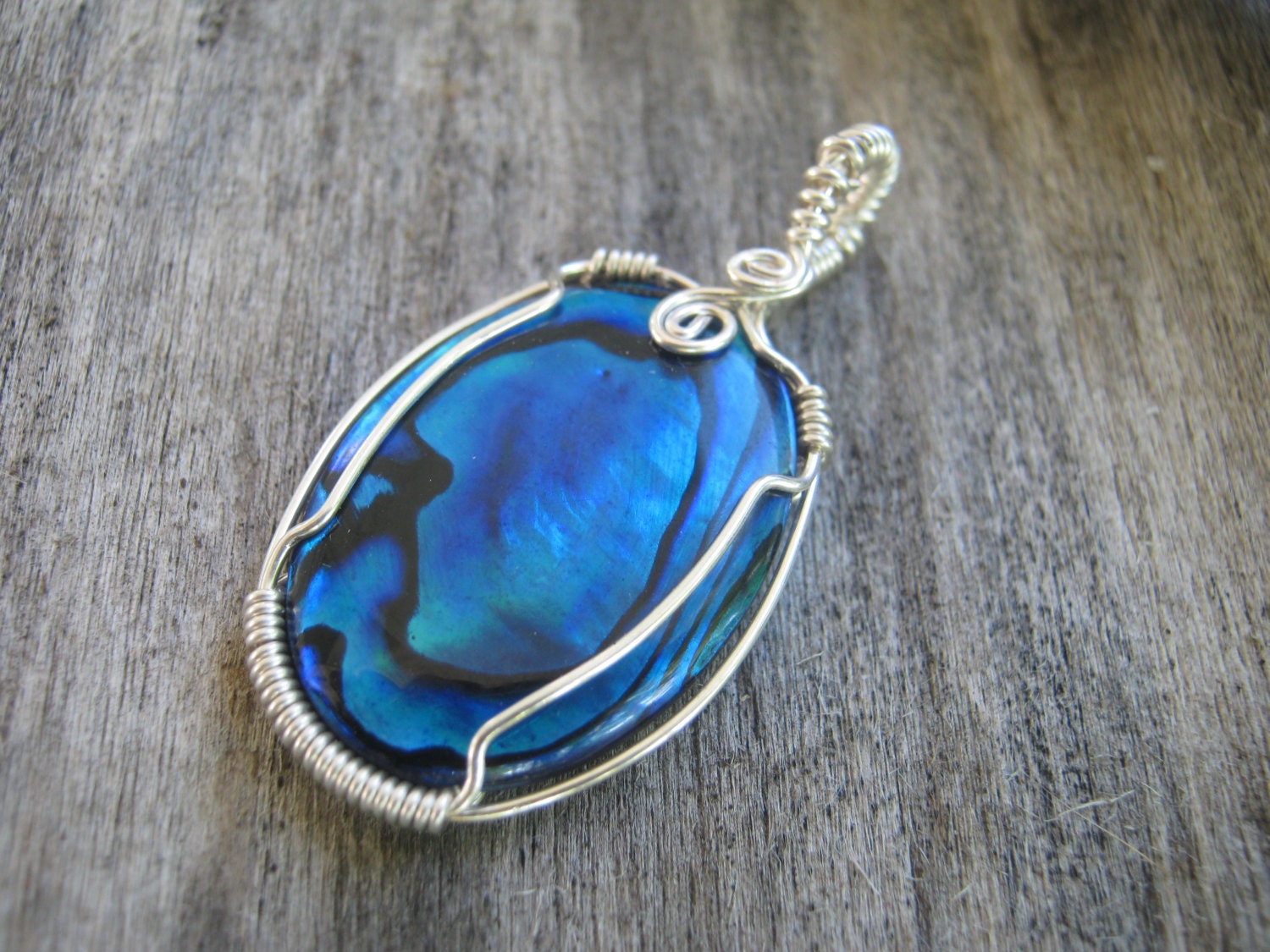 Blue Paua Shell Pendant, Wire Wrapped