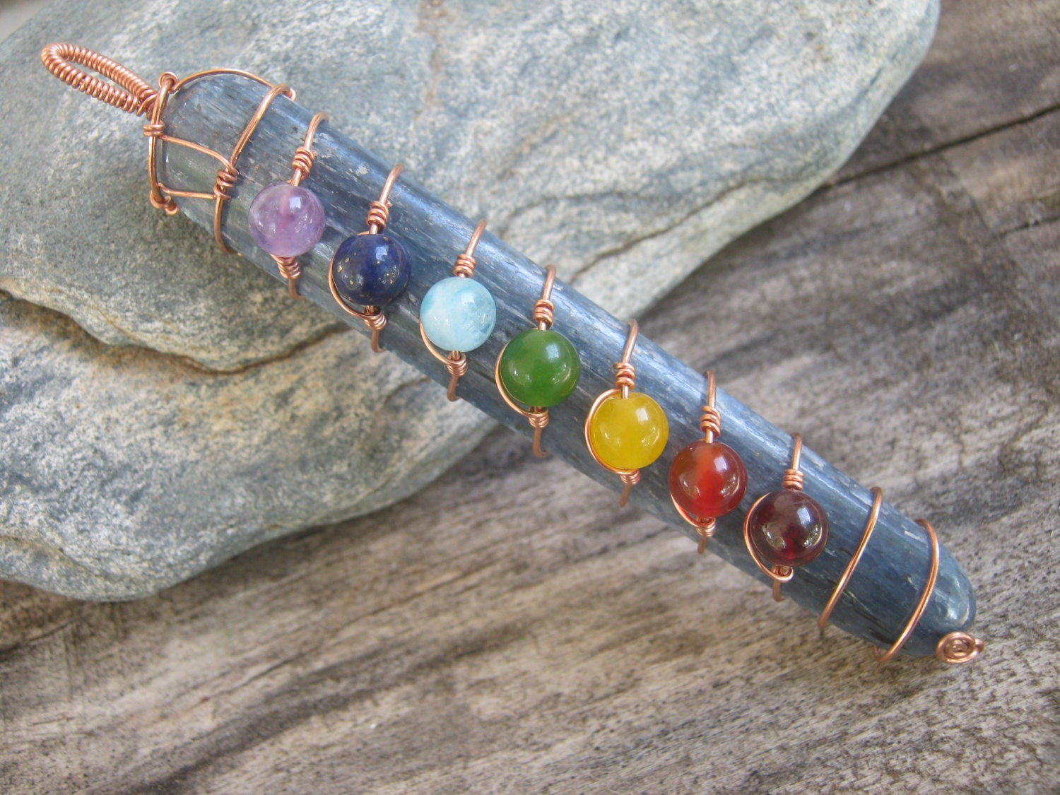 Blue Kyanite Gemstone Chakra Pendant, Copper Wire wrapped
