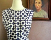 Evening Star 1960s Mod Navy/White Diamond/Geometric Print A Line Dress with Pleated Skirt