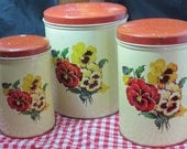 Vintage Tin Canister Set Kitchen Collectible Parmeco USA Pansy Design