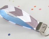 Chevron Key Fob Wristlet Keychain - Grey White Chevron with Baby Blue Lining Fabric Key Chain Key Strap woman's Accessories