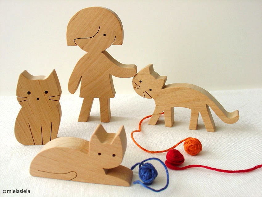 Wooden cats - girl and cats - Wooden toy set - waldorf natural wood toy