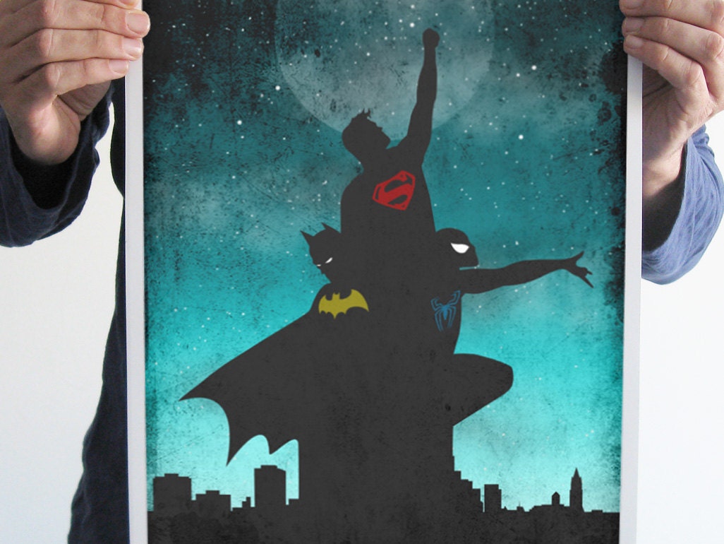 Original print superman batman spiderman comics digital city moon art silhouette poster