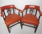 Pair of Mahogany Orange Leather Upholstered Captain's Chairs c1950
