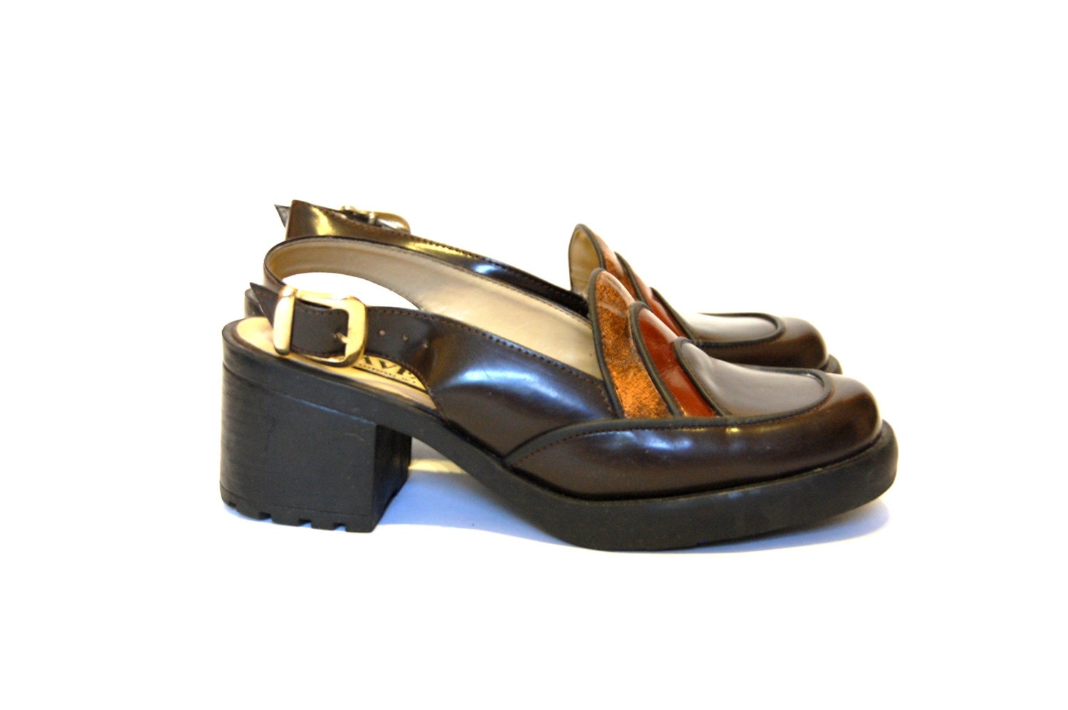 Vintage 70's 60's Two Tone Platform Ankle Strap Chunky High Heels By London Ravel Uk 4, Eu 37, Us 6, Au 5