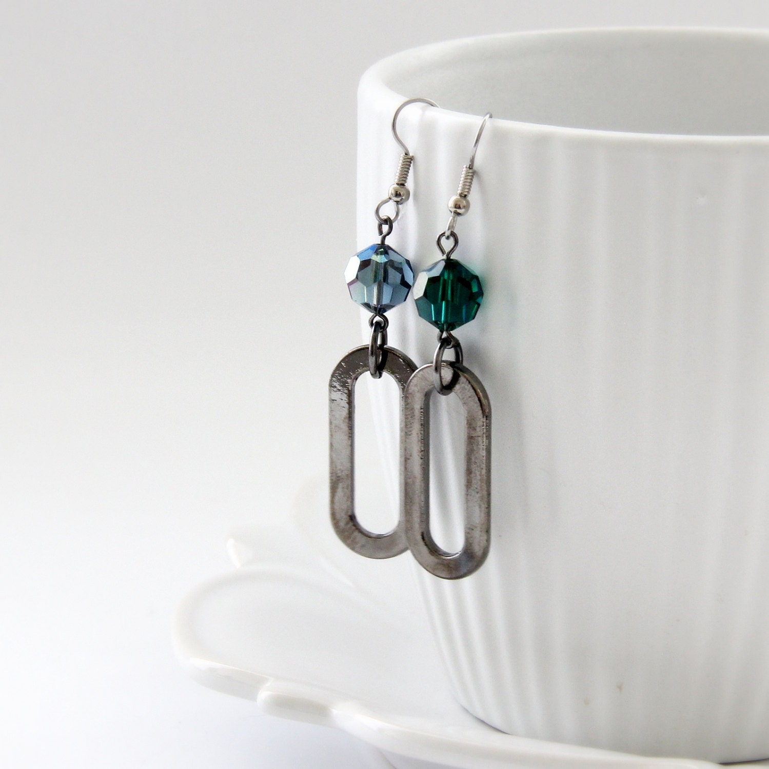 Emerald Crystal Earrings Geometric Beaded Statement Jewelry Blue Green Faceted Crystal Modern Oval