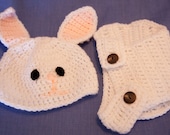 Bunny Hat and Nappy Cover Set, Rabbit Hat & Diaper Cover Set, Newborn Photo Prop,  Hat and Nappy Cover Set