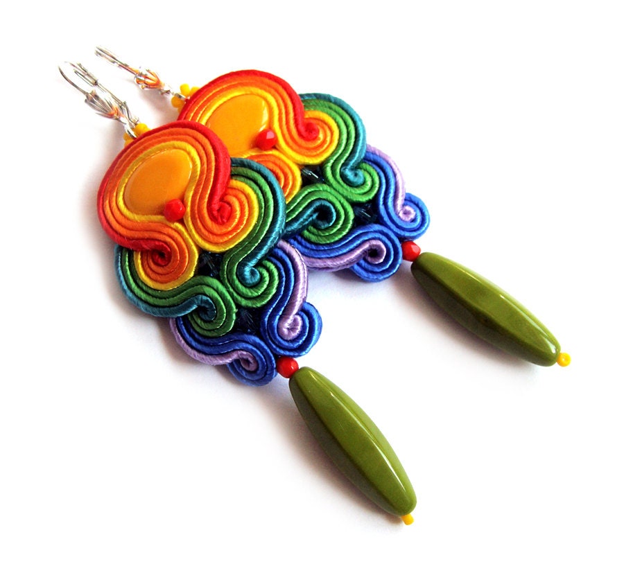 Multicolor RAINBOW soutache earrings colorful handmade embroidery green blue red yellow orange satin strips TOHO oaak gift for her under 50