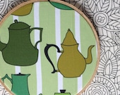 Embroidery Hoop Wall Art with Printed Teapots in Shades of Green