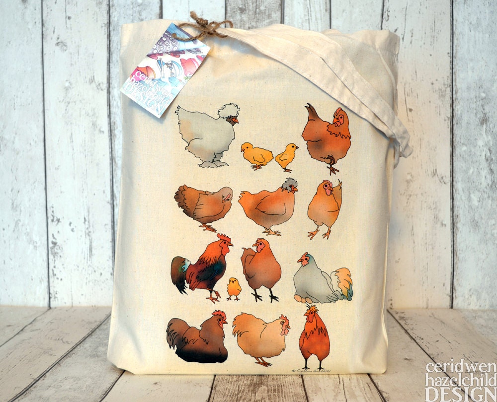 Farm Yard Chickens Illustration Eco Cotton Tote Bag