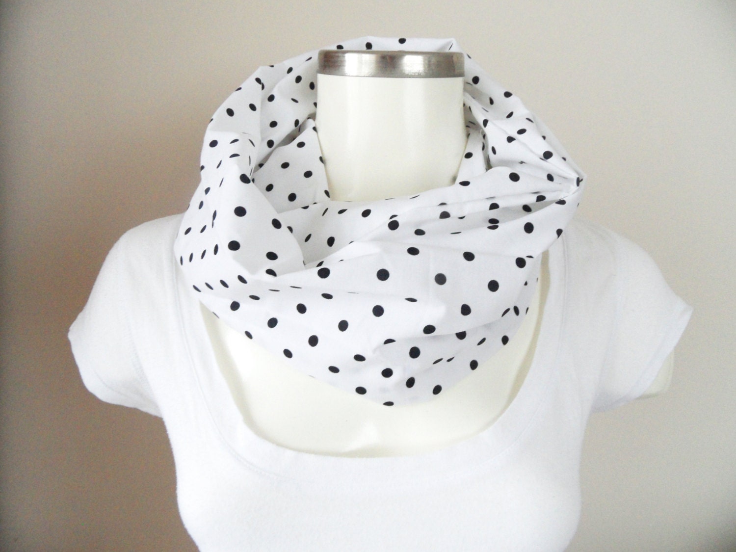 polka dot infinity, scarf, polka dot scarf, white and black scarf