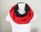 infinity scarf, scarf, Neck warmer, polka dots, navy blue and red scarf