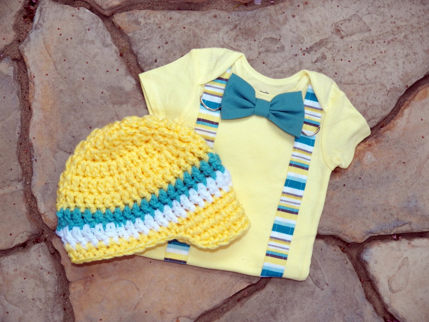 GET THE SET - Baby Boy Bowtie & Suspender Onesie with Crocheted Newsboy Hat - Yellow, Aqua, Stripe - Birthday, Baby Shower, Wedding