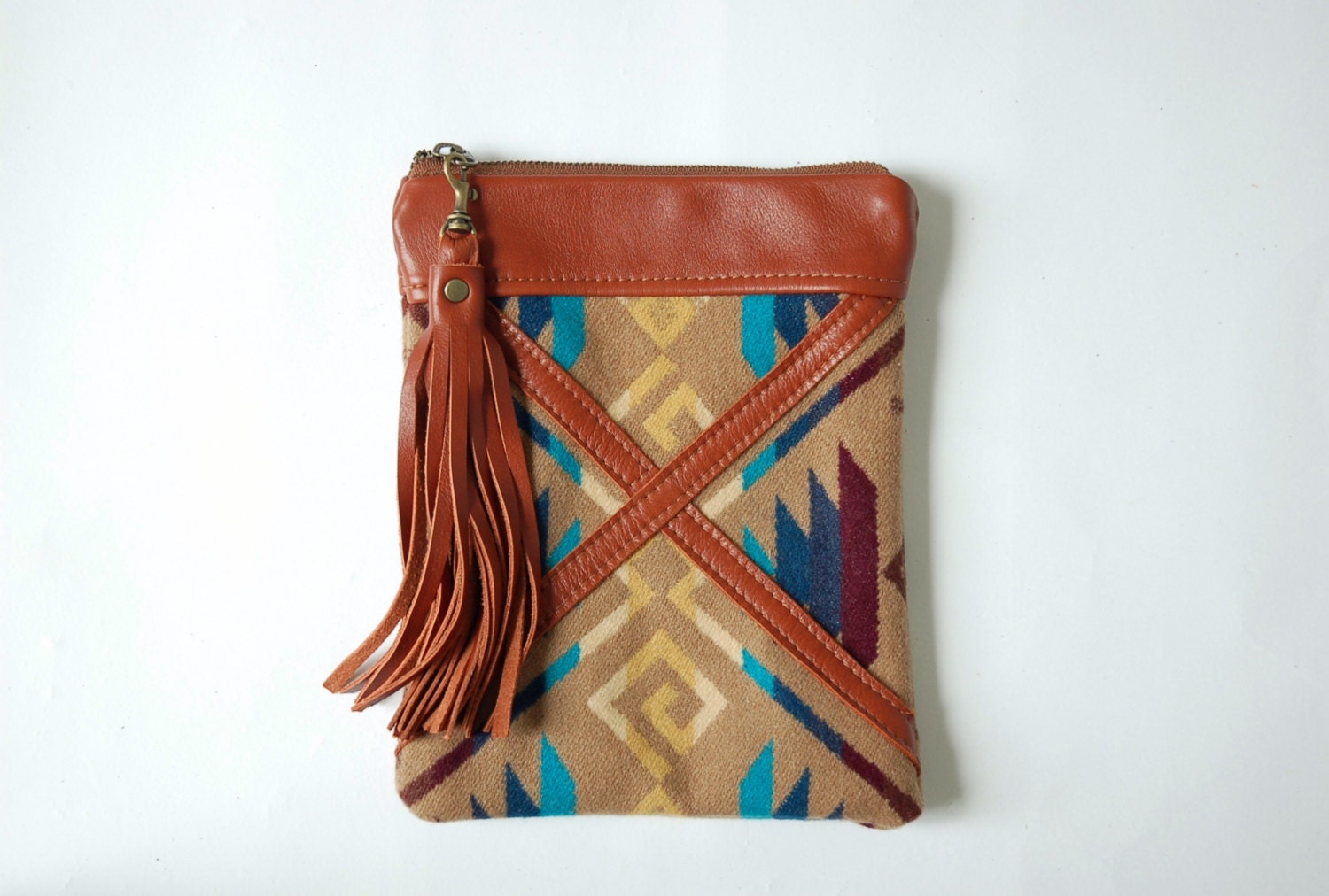 Leather and Pendleton pouch/ clutch with tassel