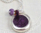 Pendant: glittery purple resin in engraved bezel with jasper and czech glass accents
