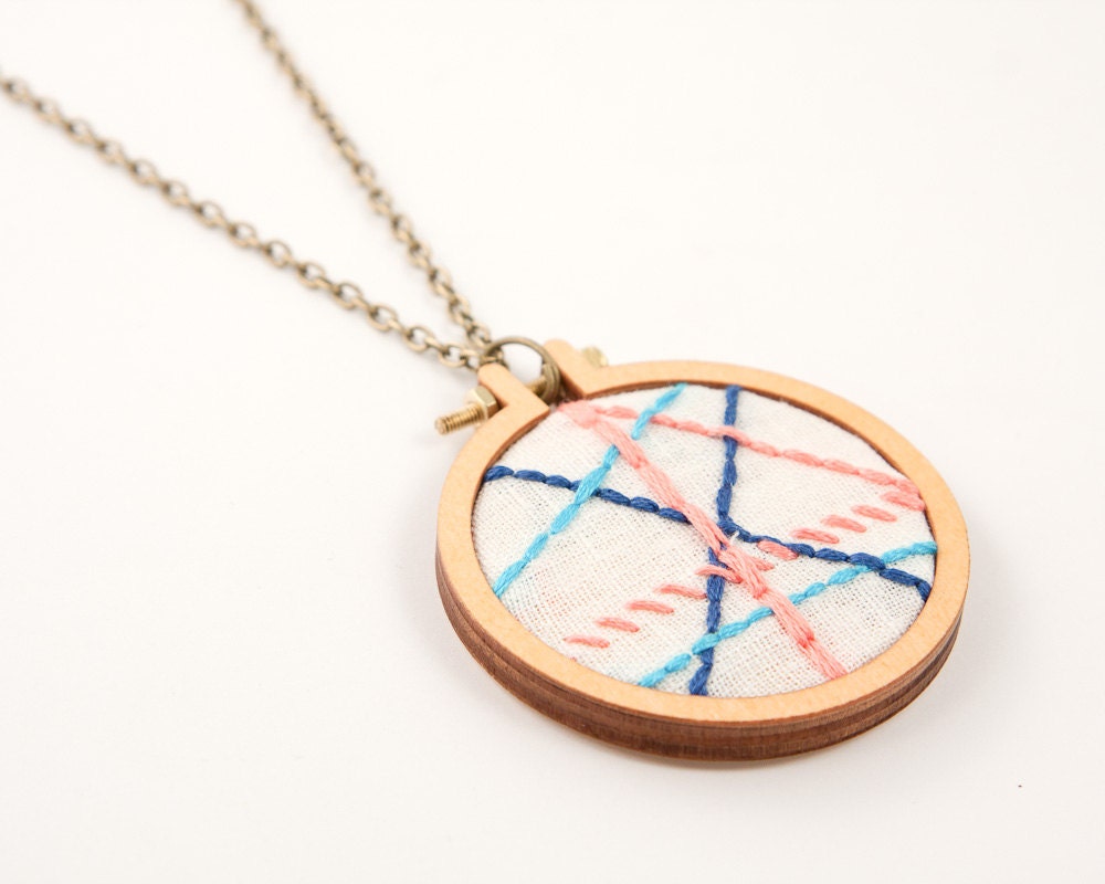 Abstract embroidered necklace - back stitch - neon pink, aqua and navy - For The Love of Embroidery - miniature hoop design - by dandelyne