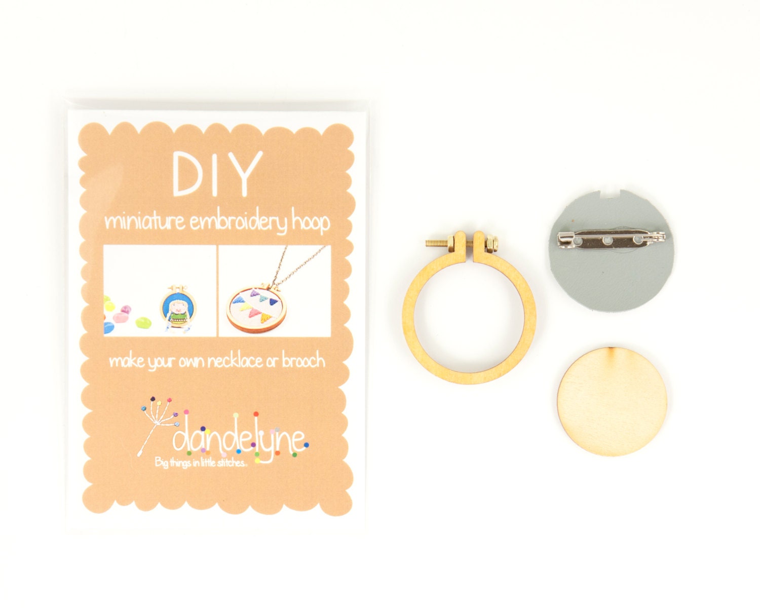 DIY kit - miniature embroidery hoop with brooch back - 4cm/1.6" hoop - make a brooch - unique Dandelyne miniature hoop