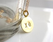 Initial Necklace, gold disc necklace, letter necklace, xo necklace, hug and kiss necklace, minimalist jewelry