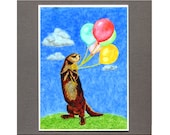 Greeting Card Otter with Balloons and Polka Dot Bowtie, Birthday 5x7 Art Print