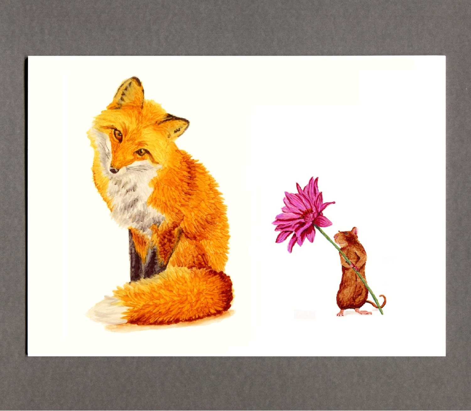 Red Fox and Mouse Friendship Card, 5x7 Forest Creature Art Print