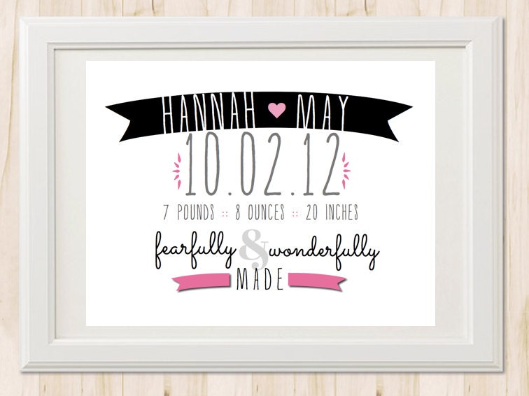Modern Custom Name Birth Print Announcement for Child's Nursery - DIGITAL Art Printable / Custom Colors / New Baby / Scripture PSALM 139