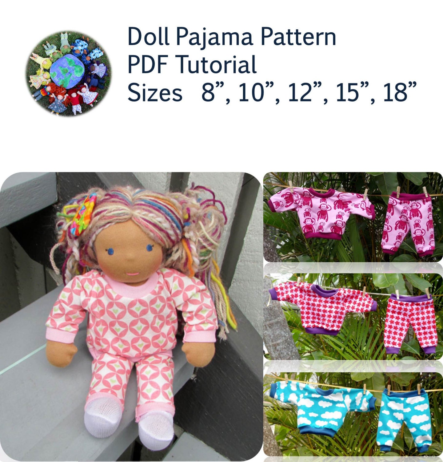 INSTANT DOWNLOAD 8, 10, 12, 15 and 18 Inch Doll Pajamas PDF pattern