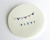 Party Ceramic Dish Ring Plate Red and Blue Flags Small Pottery