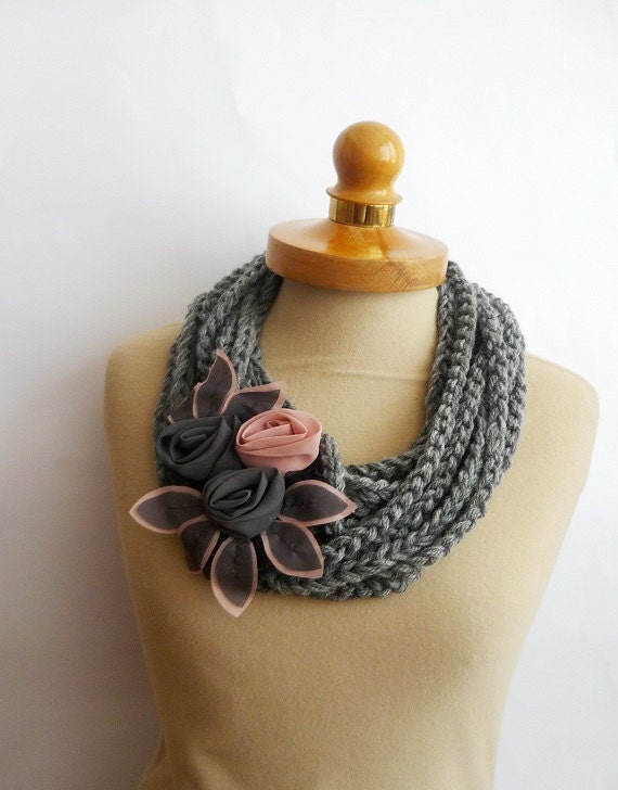 Grey Infinity Scarf , Crochet Necklace,  Grey color, scarflette, gift under 30, Satin Flower